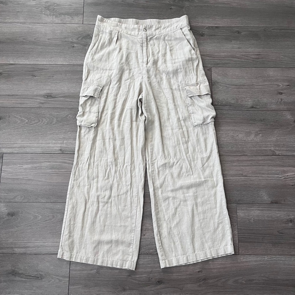 Tahari Womens Oatmeal Beige Linen Blend Wide Leg Cargo Pants Size Large